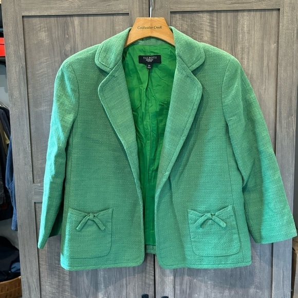 Talbots 10P Linen Blend Blazer Open Front Green 3/4 Sleeves - Picture 1 of 9